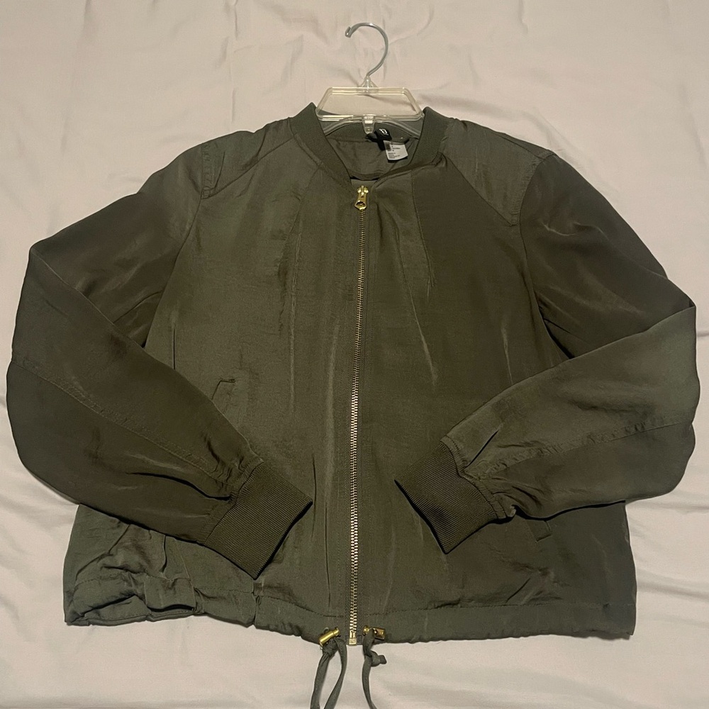 H&M Khaki Satin Bomber Jacket Gold Accents Size 8
